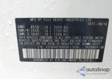 2017 Subaru Legacy 2.5I Premium z USA, uszkodzony, nr VIN 4S3BNAF64H3017938